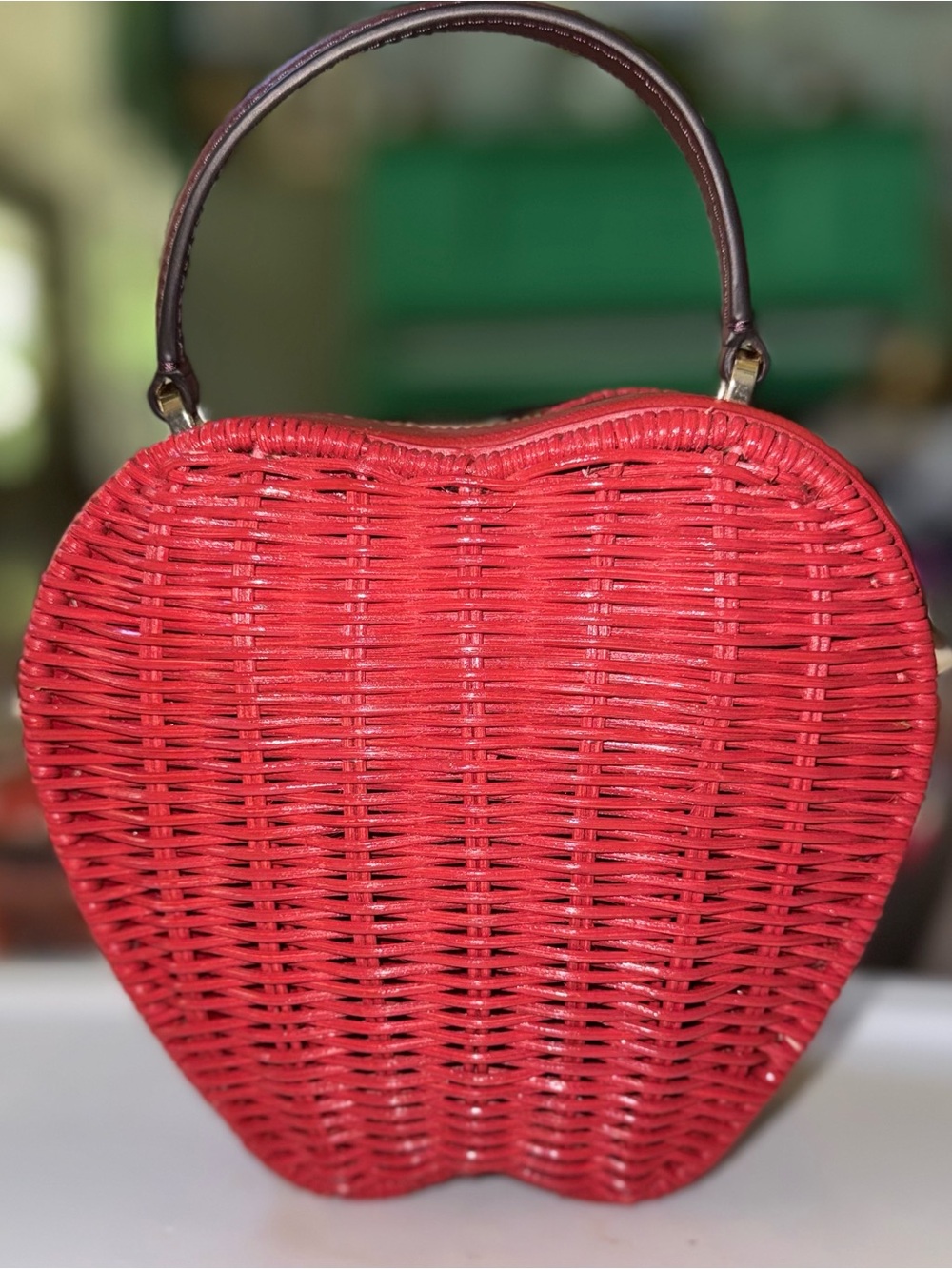 Kaye Spade Red Woven Apple-Shaped Top-Handle Bag with Green Leaf Accent - Picture 2 of 3
